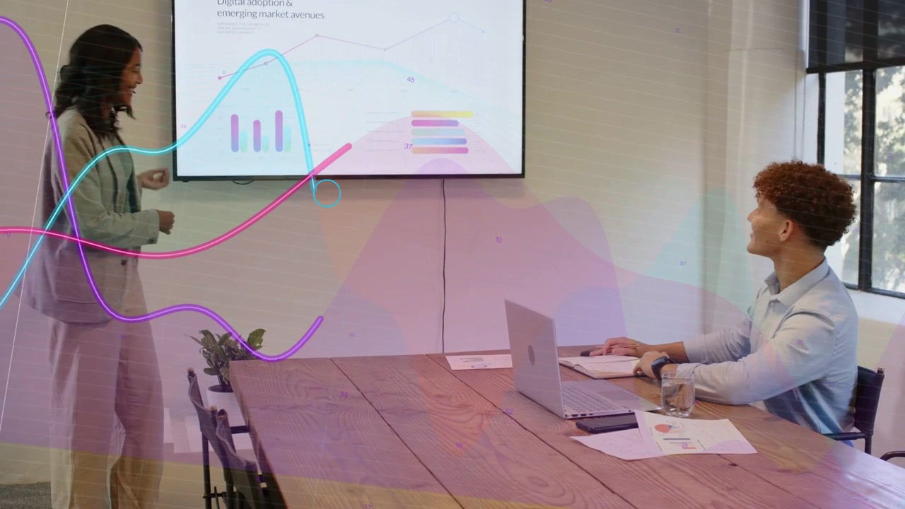 Woman presenting chart and causing animated waveforms while colleague pointing pen business meeting