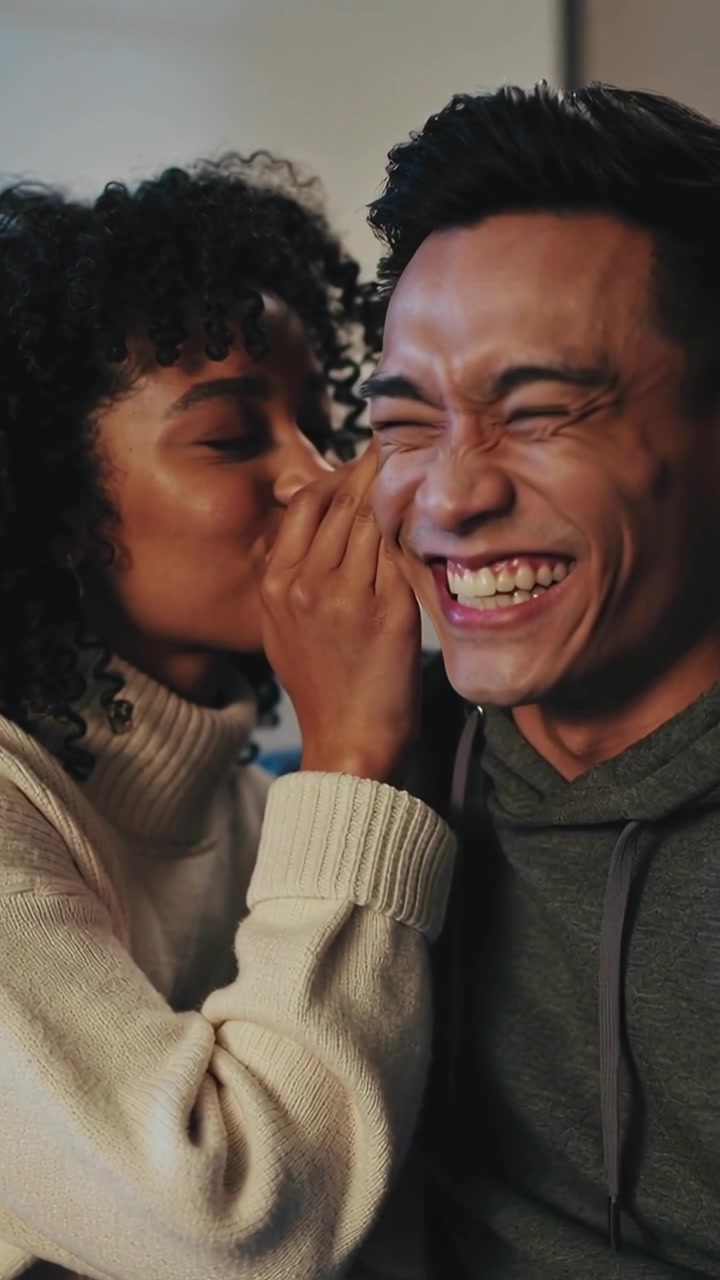 Vertical video: Whispering woman in sweater cupping ear on sofa, teasing him into laughing, smiling