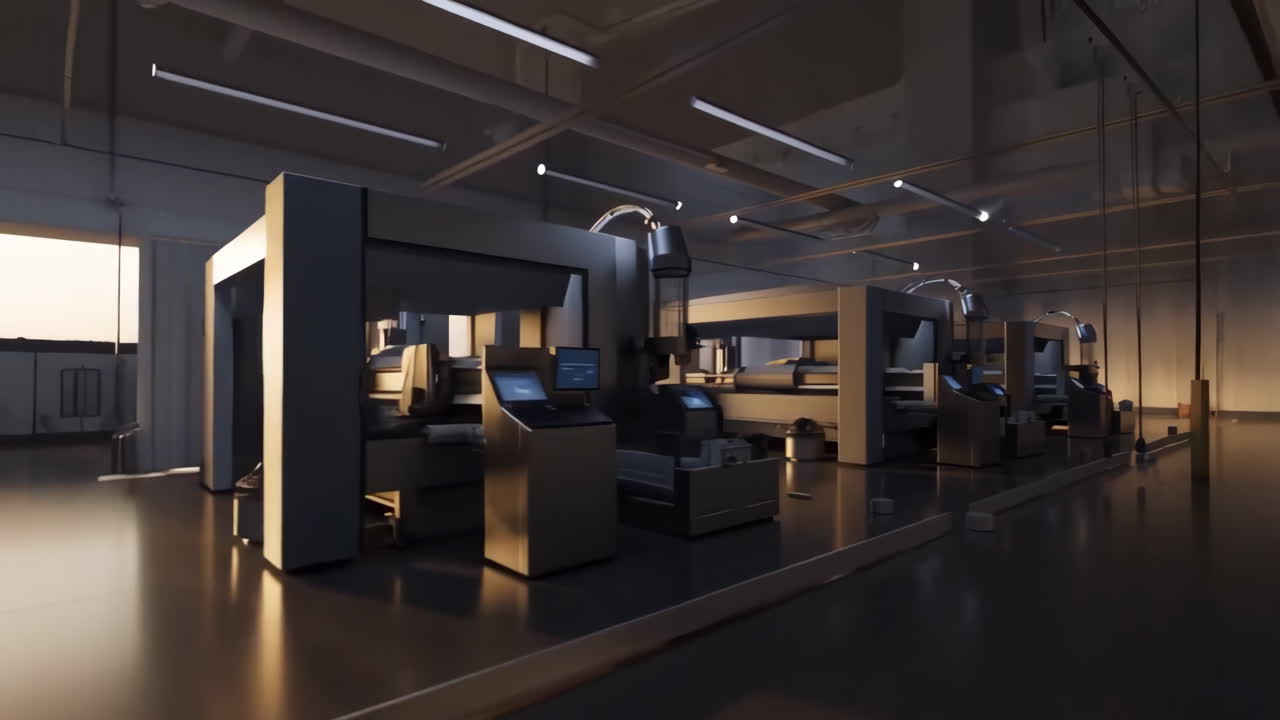 Modern Automated Manufacturing Facility at Dusk