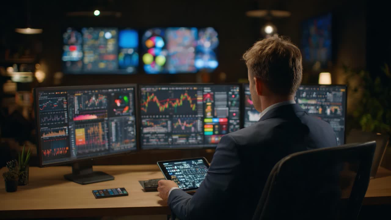 A Focused Trader Analyzing Market Trends Using Multiple Monitors and Advanced Technology in a Financial Trading Environment