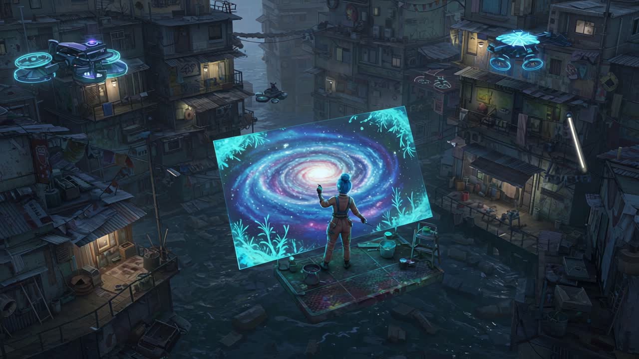 A Creative Visionary in a Futuristic Dystopia, Crafting Galactic Art Amidst Urban Ruins Surrounded by Technology and Nature’s Echoes