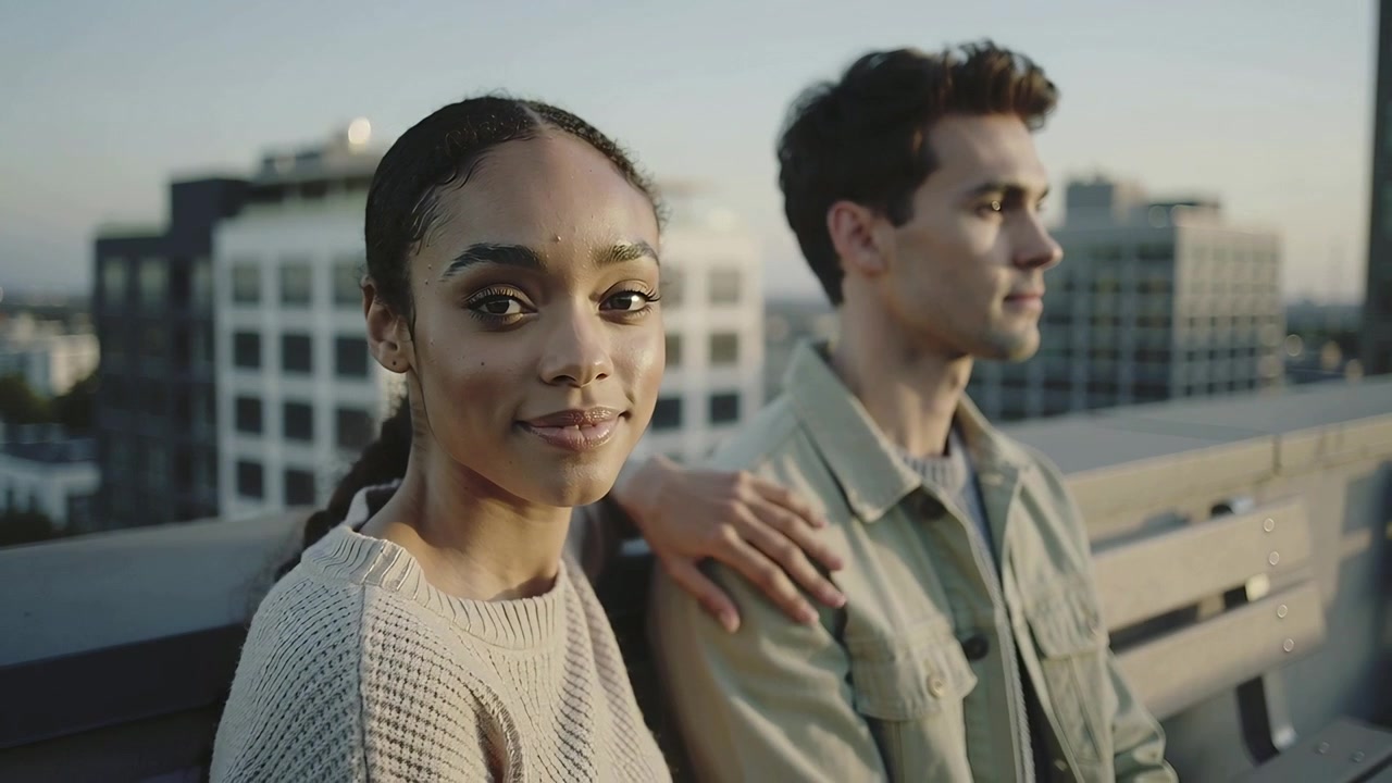 Reaching woman in knit sweater placing hand on man in overshirt on rooftop bench, offering comfort