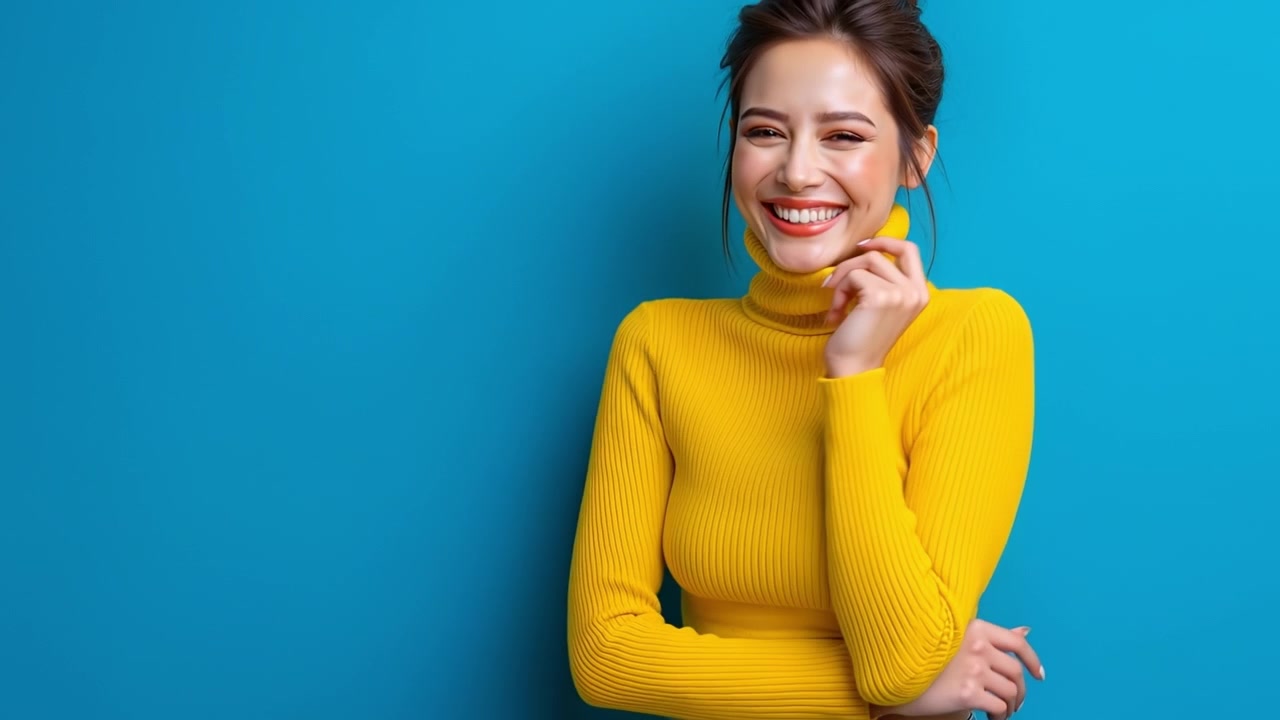 Giovane donna felice con un maglione a collo alto giallo che ride allegramente su uno sfondo blu brillante