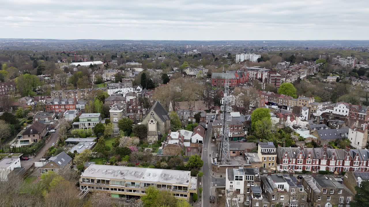 Mobile Phone communications mast Highgate North London UK drone, aerial