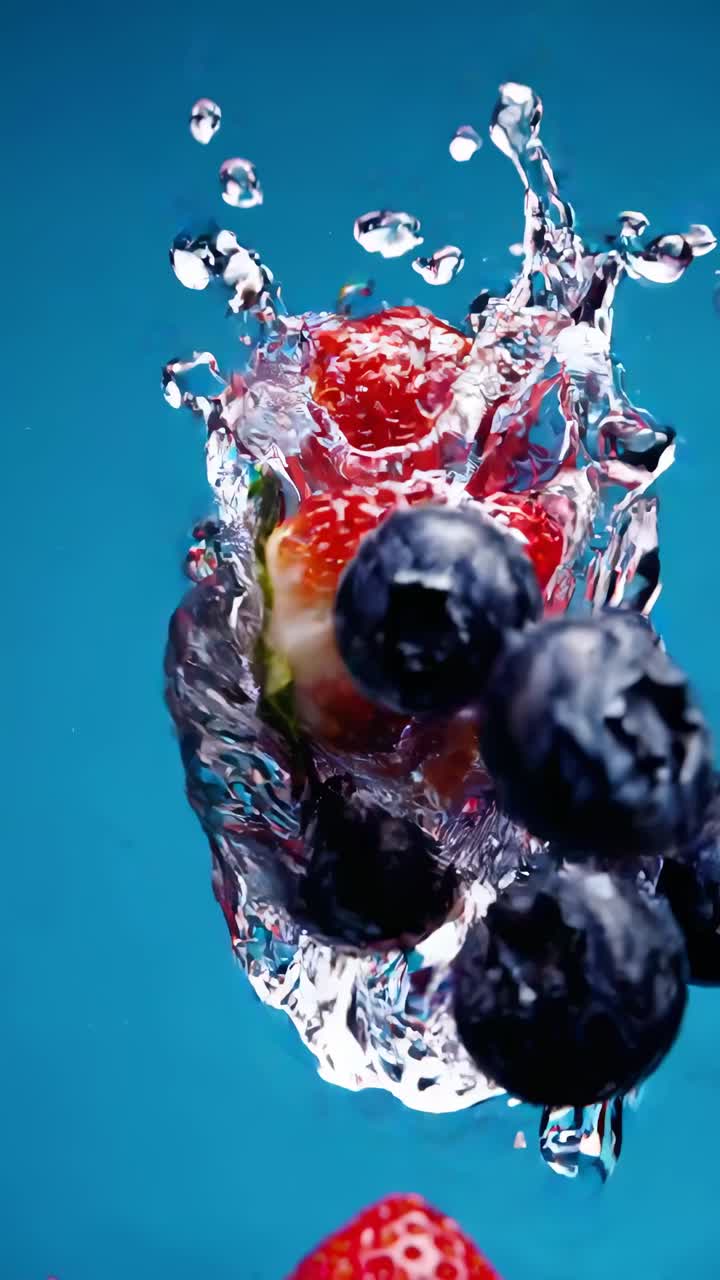 Dynamic close-up video of berries splashing into water, captured from a high-angle