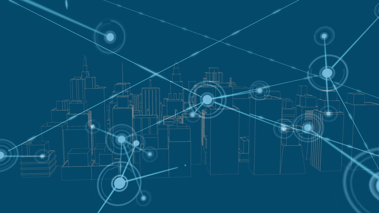 Animation of illuminated connected dots and 3d model of cityscape over blue background