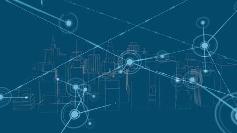 animation of illuminated connected dots and 3d model of cityscape over blue background