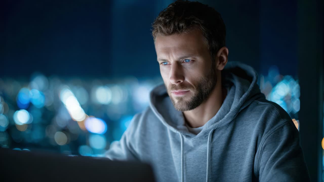 Persona concentrata con una felpa con cappuccio che lavora fino a tardi su un laptop con un paesaggio urbano sullo sfondo, catturando l'essenza di produttività e concentrazione