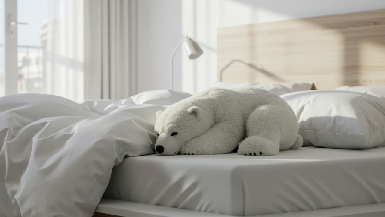 A Cozy Polar Bear Plush Toy Nestled Comfortably on a Soft, Unmade Bed Surrounded by Fluffy Pillows and Sunlit Room Ambiance