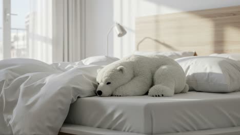 a cozy polar bear plush toy nestled comfortably on a soft, unmade bed surrounded by fluffy pillows and sunlit room ambiance