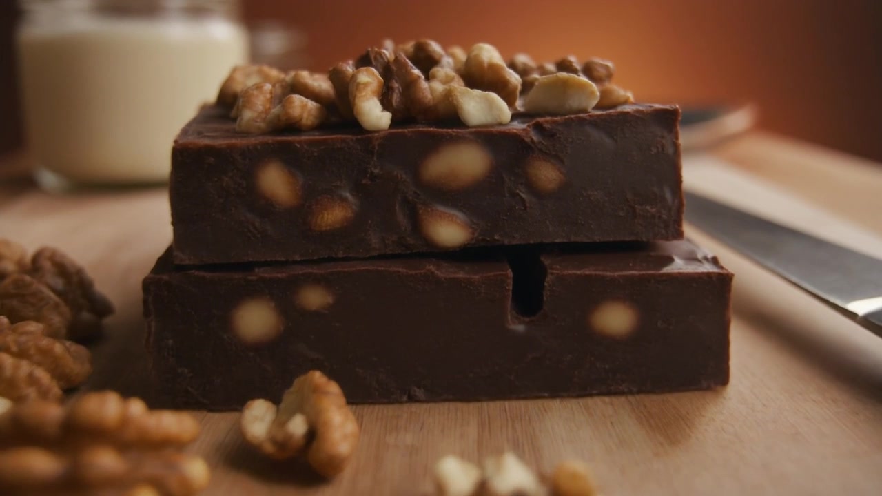 Primo piano di barrette di cioccolato fondente con noci su tagliere di legno