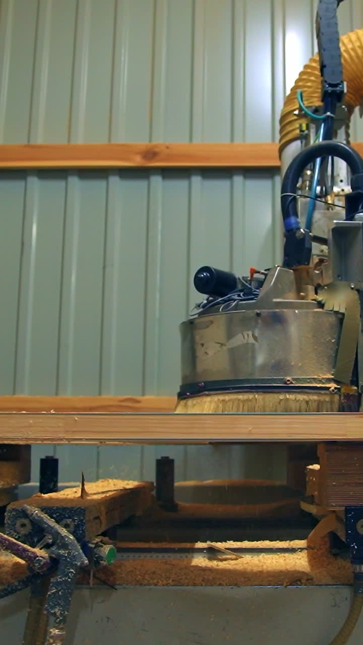 Machine-tool moving along the wooden billet. Timber is being processed in order to make modern doors. Vertical video