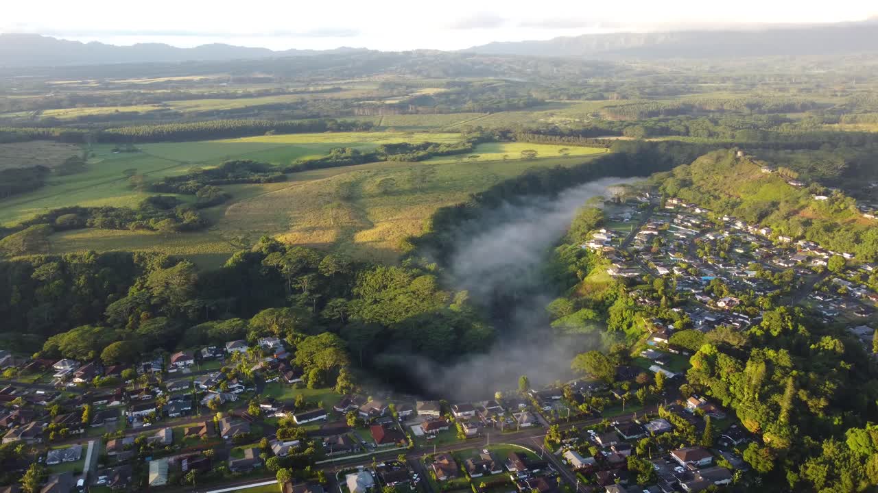 vista mística y brumosa de drones sobre la selva tropical de kauai, hawaii, estados unidos