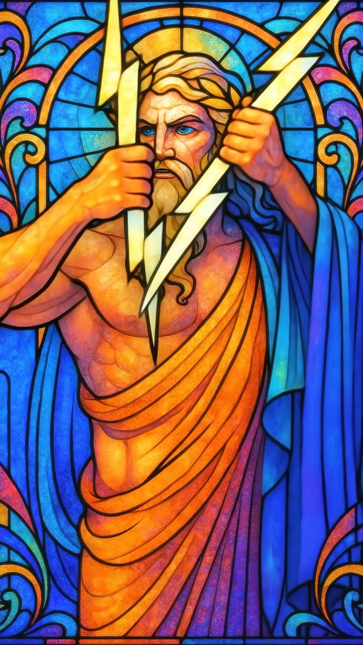 Rappresentazione animata in vetrata di Zeus con fulmini