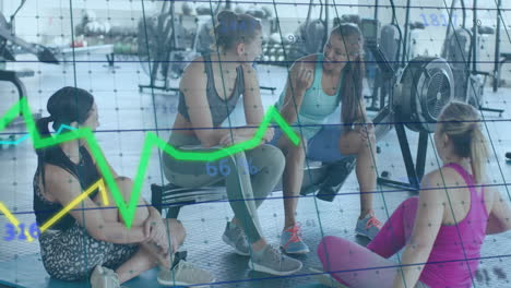 women in gym discussing fitness over financial data graph animation