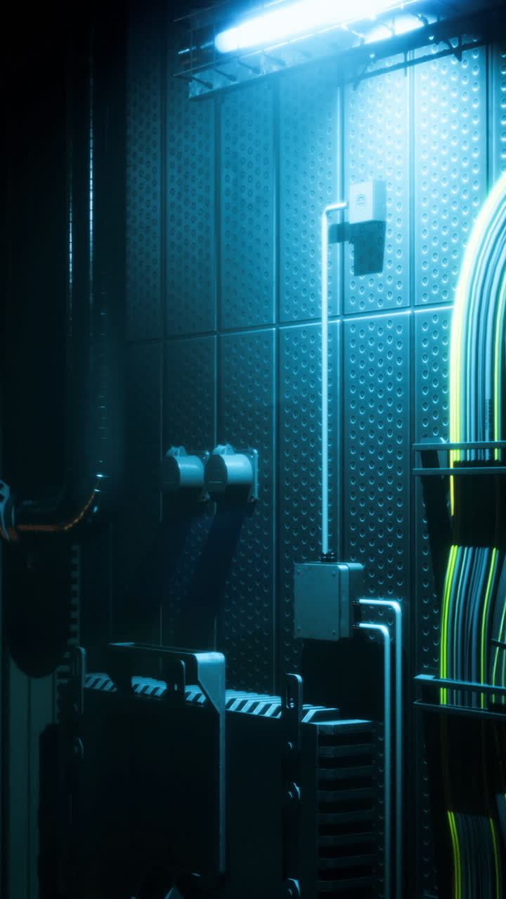 Neon lit corridor with cables in an abandoned futuristic setting