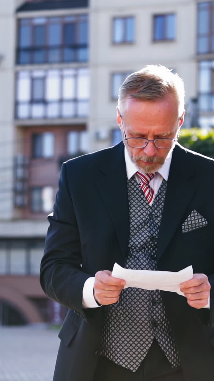 Mature businessman with a sheet of paper on the city background. Portrait of an old man in elegant costume reading paper and becomes very happy outdoors. Vertical video