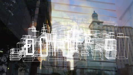 animation of 3d city drawing spinning over cityscape