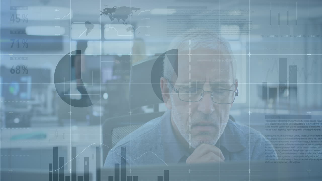 animación de estadísticas sobre el hombre preocupado que trabaja en una oficina