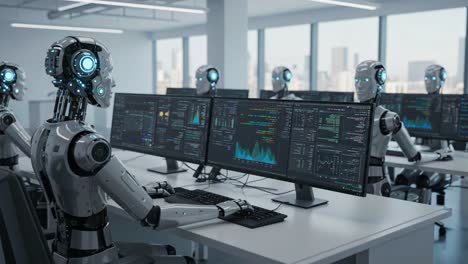 a team of advanced robots analyzing data in a modern office environment, showcasing cutting-edge technology and artificial intelligence applications in workspaces
