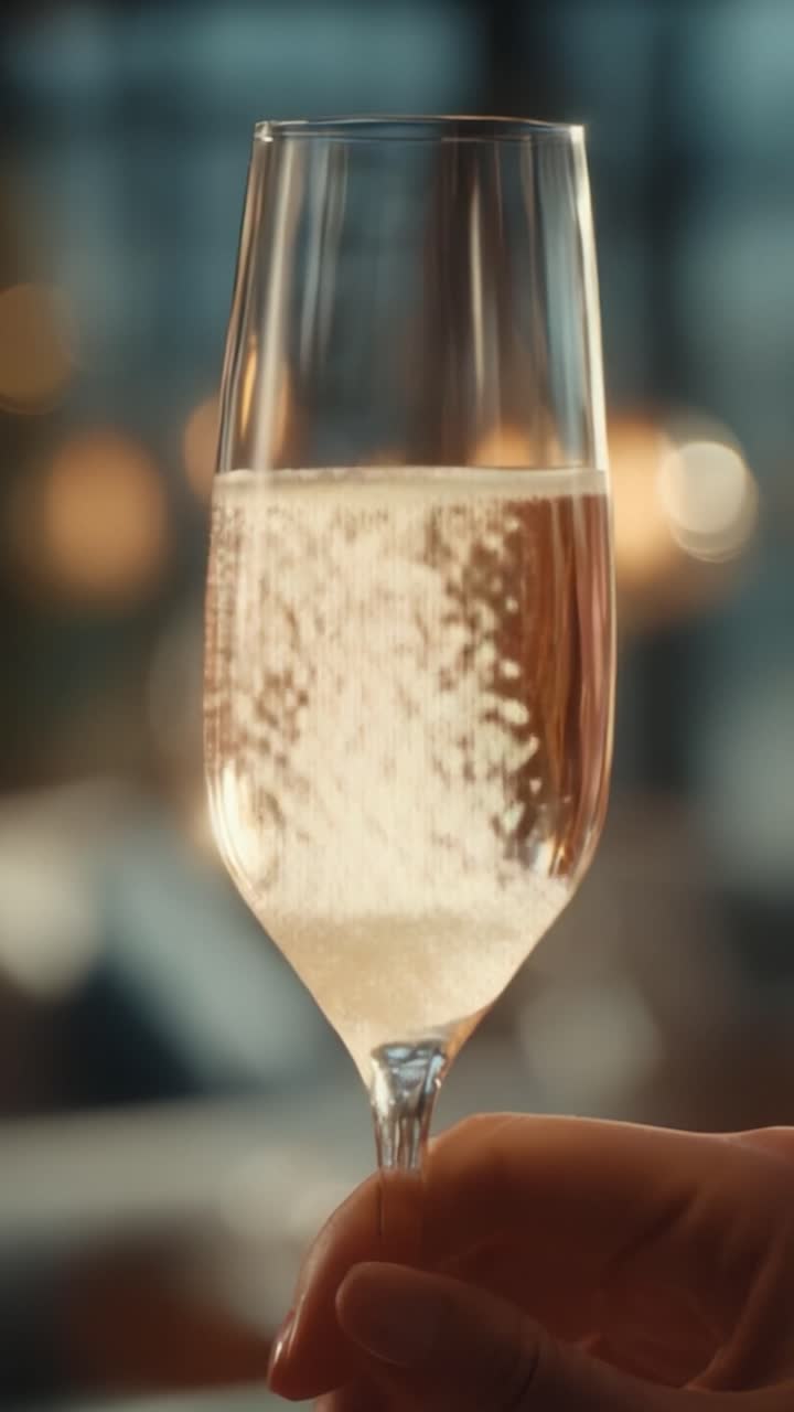 Un lussuoso bicchiere di bevanda frizzante che mostra bollicine effervescenti su uno sfondo delicatamente illuminato, perfetto per momenti di festa e occasioni speciali