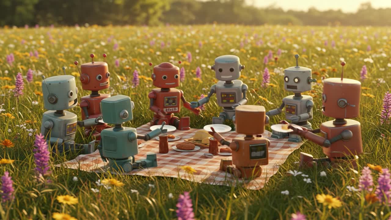 A Cheerful Gathering of Colorful Robots Enjoying a Picnic in a Vibrant Flower Field with Delicious Treats and Joyful Conversations Under the Clear Sky