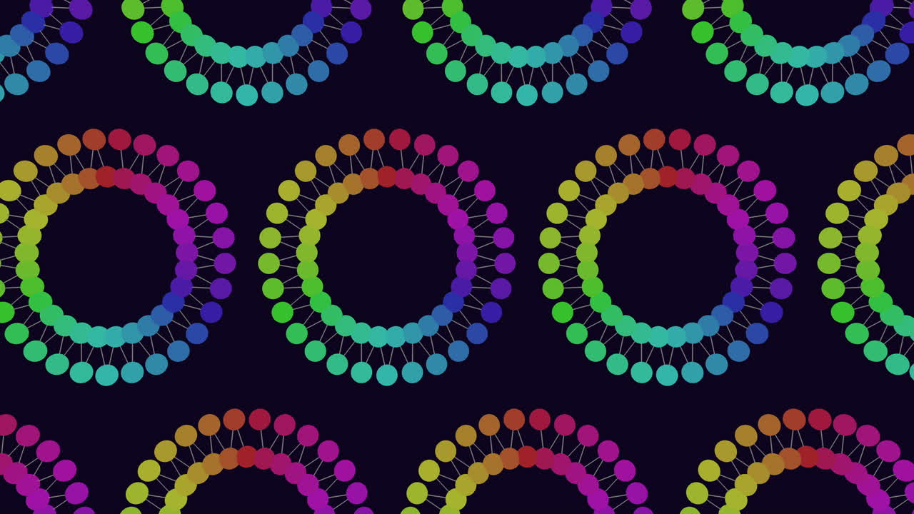círculos interconectados de colores que forman un patrón de red vibrante en un fondo oscuro