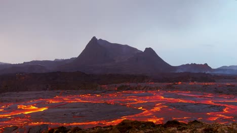 Ground-Level-Shot-Of-Iceland-Fagradalsfjall-Volcano-Eruption-With-Molten-Lava-Fields-In-Motion-Foreground