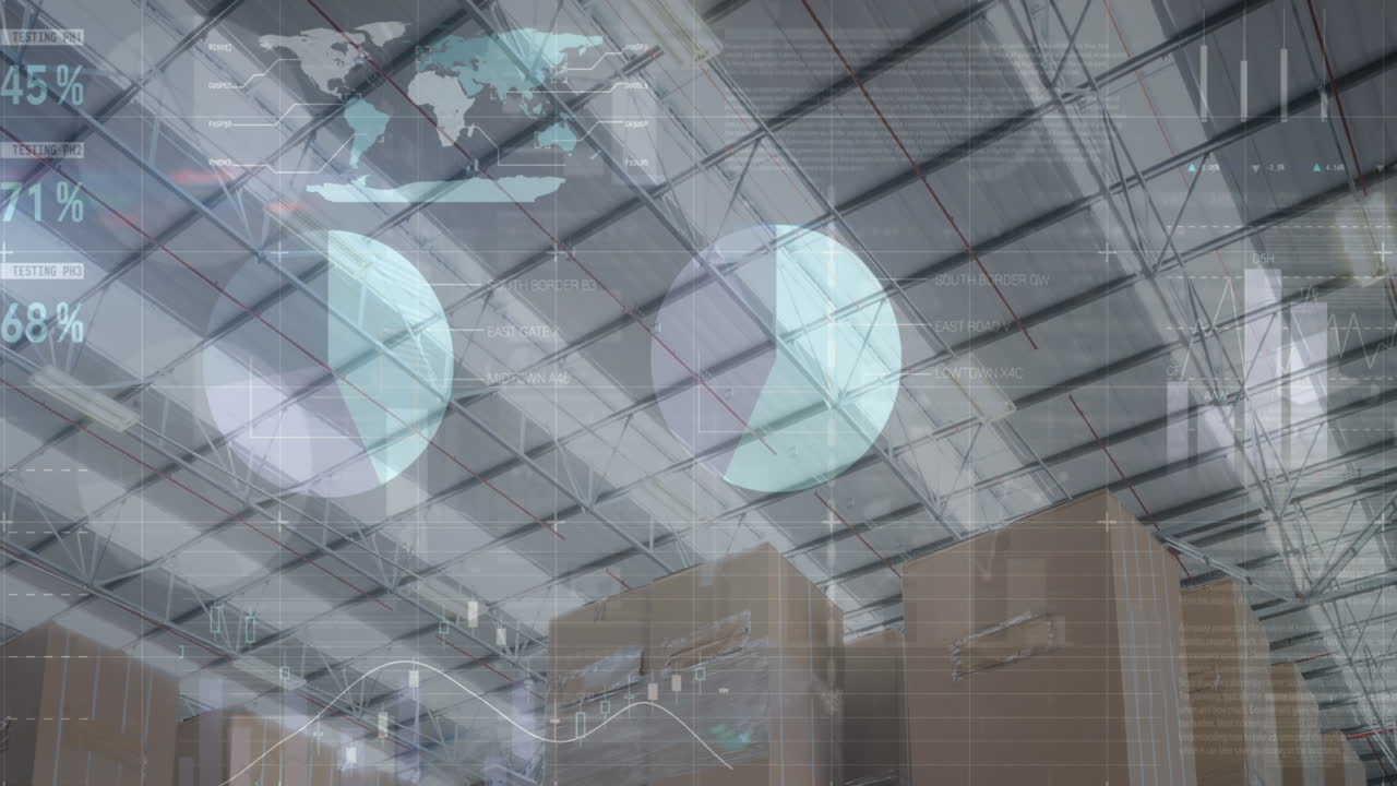 animación del procesamiento de datos financieros en un almacén vacío