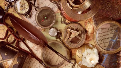 vintage style travel and adventure. vintage old compass and other vintage items on the table.