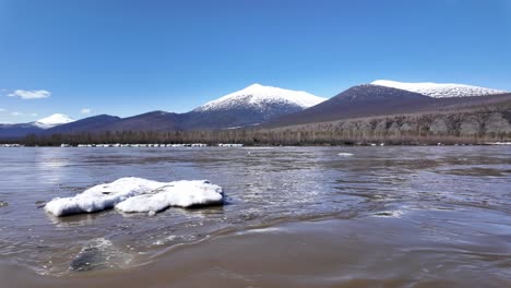 calm river flowing with snow-capped mountains in the background on a clear spring day in russia, providing a serene and picturesque landscape