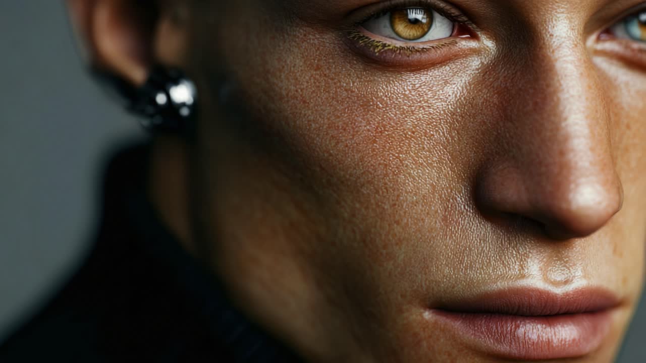 A captivating exploration of intense gaze and striking features accentuated by warm tones, showcasing intricate details of skin texture and expressive eyes in a close-up portrait