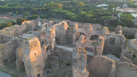 cinematic drone flight above baths of caracalla, rome italy