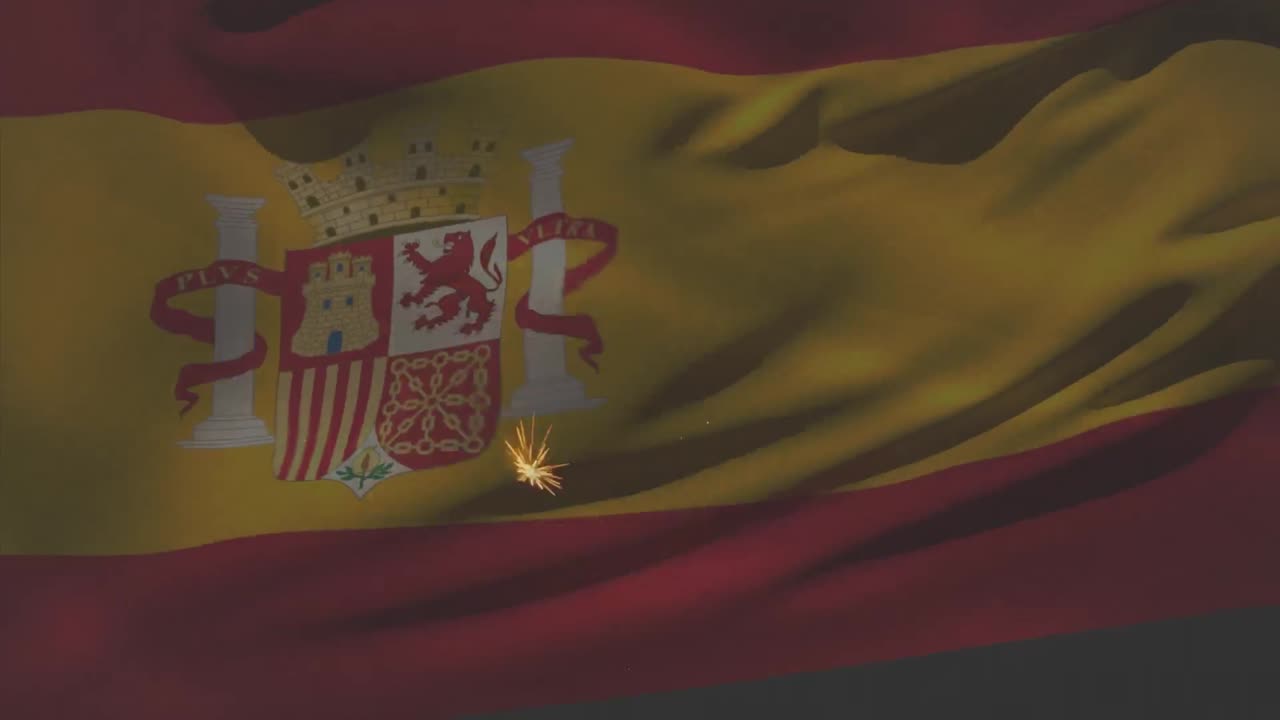 불꽃놀이 위에서 흔들리는 스페인 국기의 애니메이션