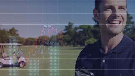 animation of graphs, changing numbers over smiling caucasian golf player standing with golf club