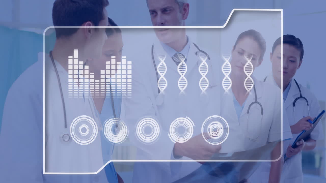 Discussing medical data, doctors with DNA and animation technology graphics overlay