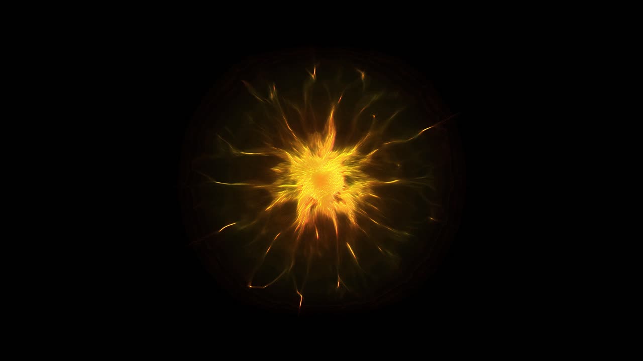 Pulsating golden yellow energy sphere with electric tendrils glows against a black background. Abstract animation for power wealth or magical themes