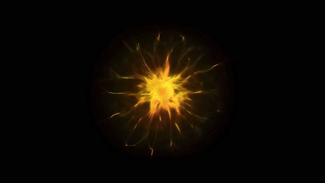 pulsating golden yellow energy sphere with electric tendrils glows against a black background. abstract animation for power wealth or magical themes