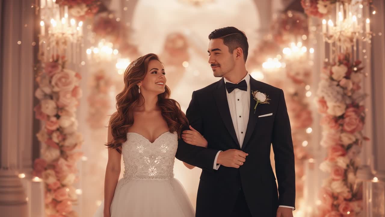 Walking newlyweds moving down aisle in ballroom after exchanging looks, wearing gown and tuxedo