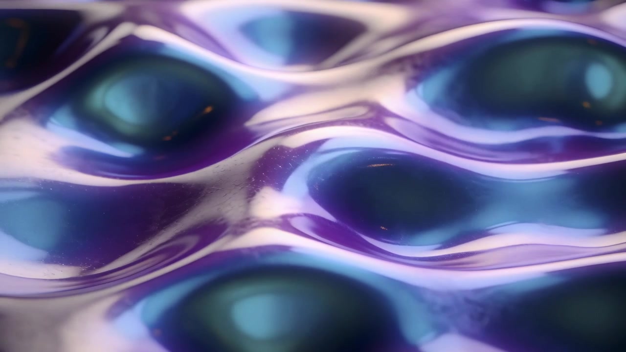 Riproduzione in avvio di una membrana lucida che si sposta in primo piano, mostrando riflessi speculari e viola-ottanio