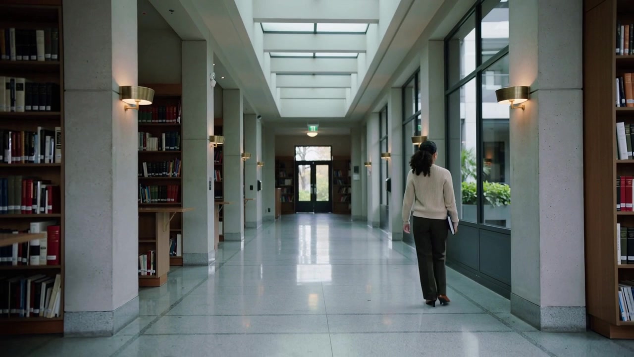 Mulher caminhando de suéter, olhando pelas janelas da biblioteca, ajustando uma pasta fina, indo em direção à saída