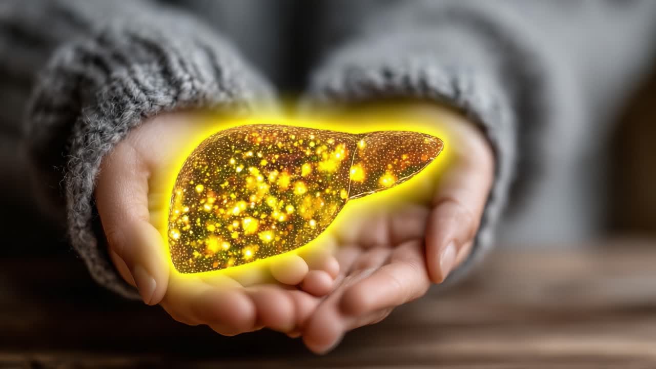Una rappresentazione magica di un modello di fegato estremamente vivido tenuto delicatamente in due mani, a significare salute e vitalità con un bagliore abbagliante e un'estetica cosmica.
