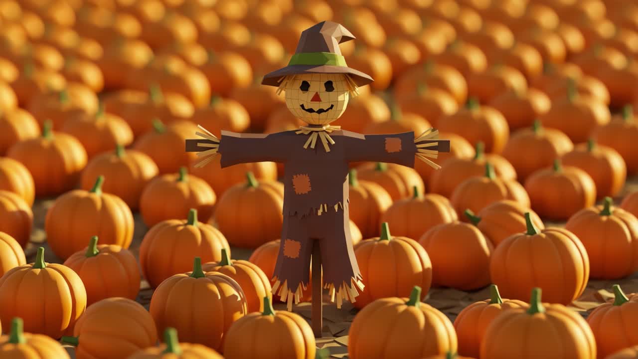 A Charming Scarecrow Amidst a Sea of Vibrant Pumpkins, Capturing the Essence of Fall Harvest Season in a Colorful Agricultural Field