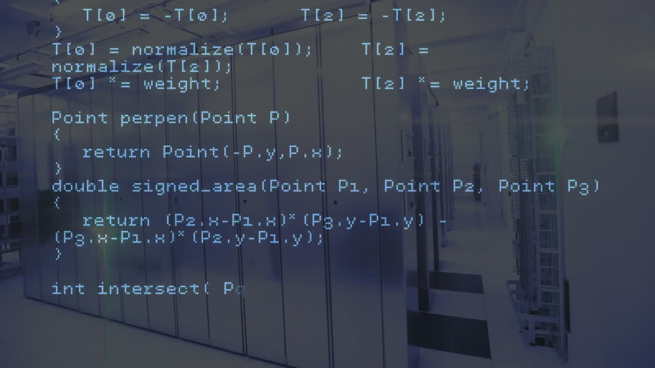 Programming code animating over modern data center servers in high-tech environment