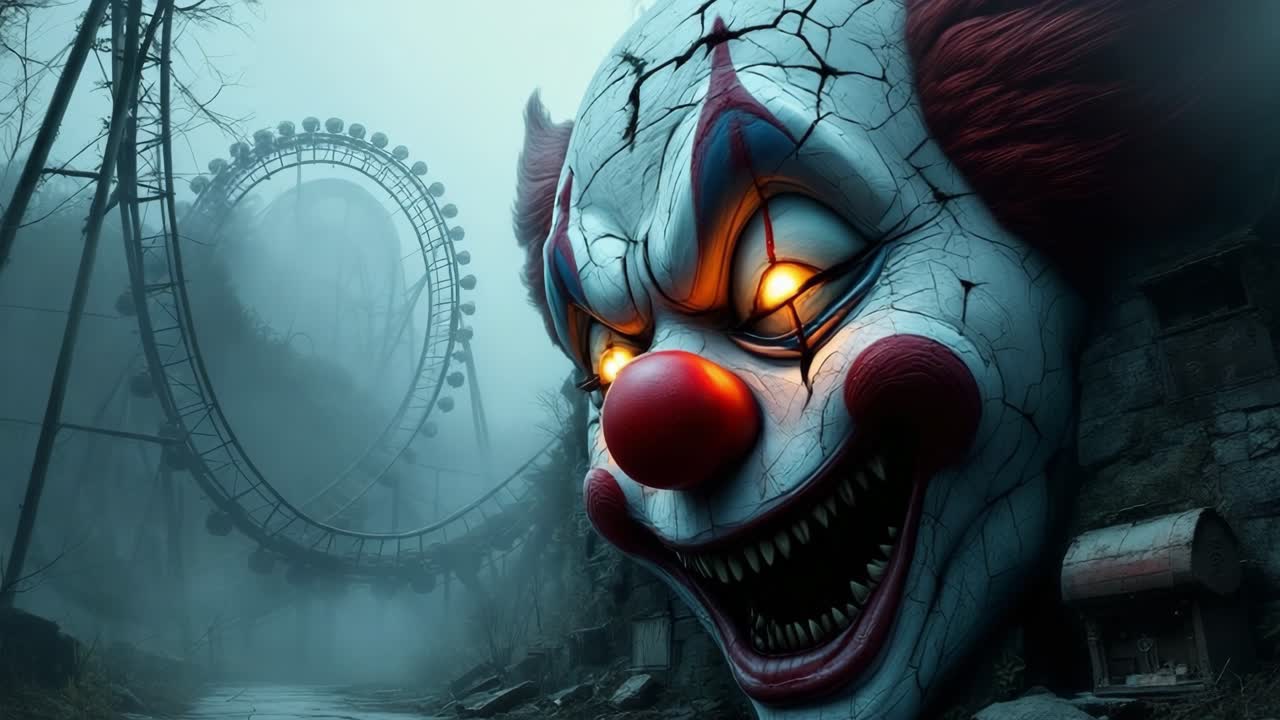 Eerie clown figure with glowing eyes in abandoned amusement park, showcasing haunting atmosphere