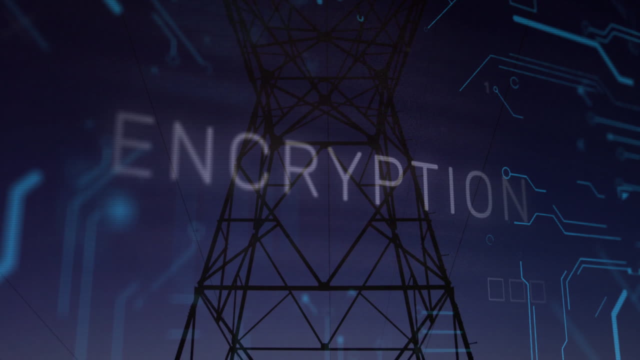 Transmission tower rising into twilight sky, showing encryption overlay and floating binary digits