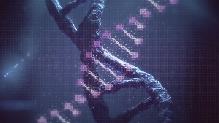Animation of light trails over dna strands on black background