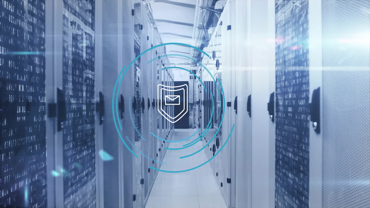 Animation of shield icon and digital data processing over computer servers