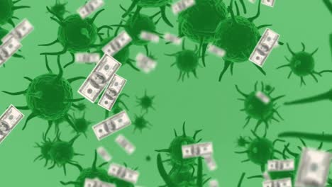 animation of macro covid-19 cells and american dollar bills floating.