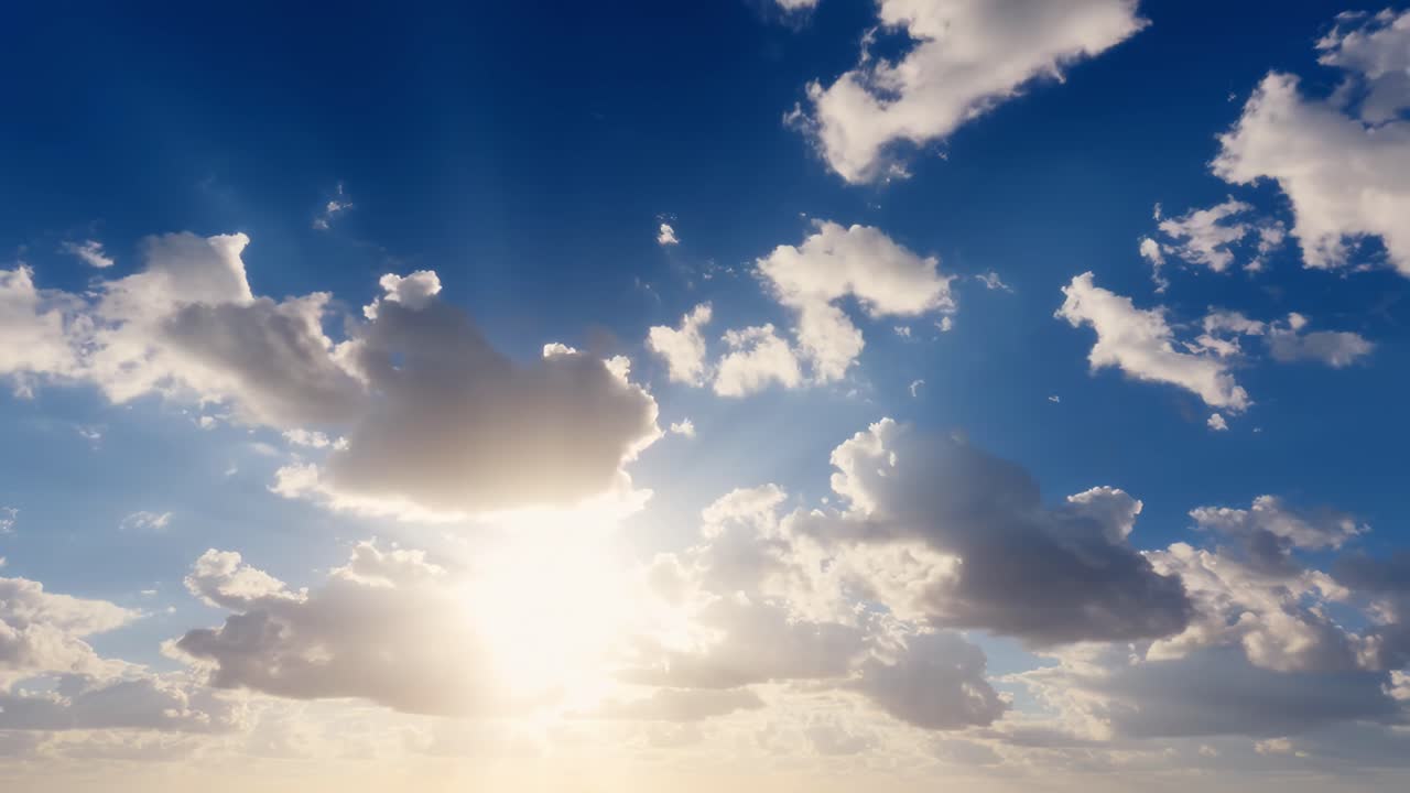 Ein Video zeigt eine Weitwinkelansicht von sonnenbeschienenen Wolken am strahlend blauen Himmel, die Ruhe ausstrahlt.
